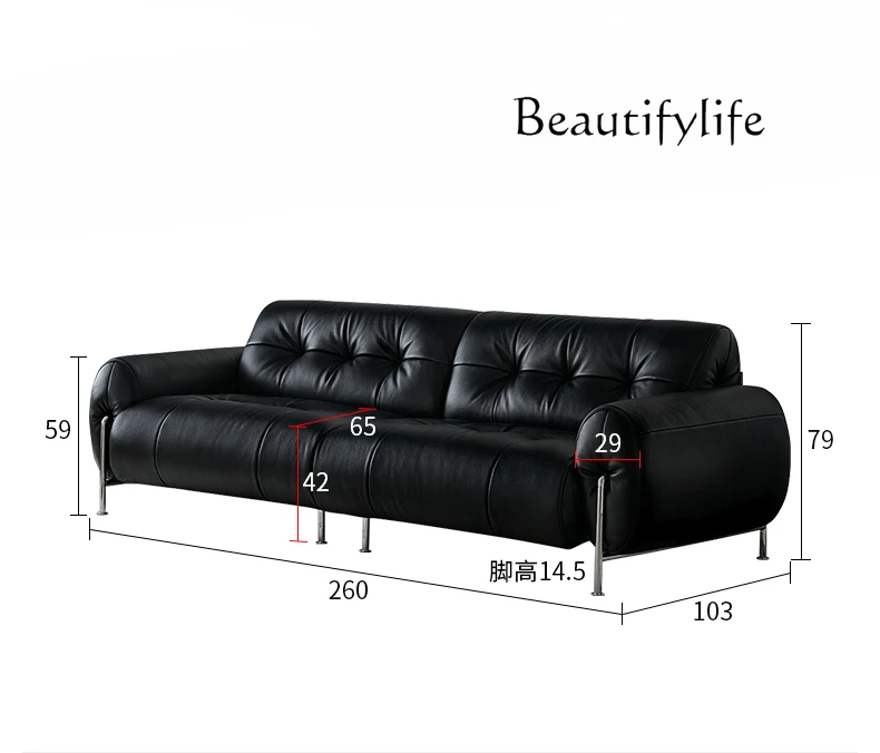 Italian living room leather art medium antique black straight row multi-person sofa