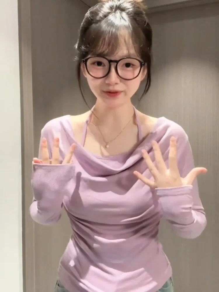 Ne pendurado longo sve camiseta feminina puro desejo witorm colarinho primavera outono emagrecimento interior wear sexy temperamento topo