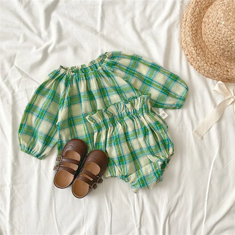 2024 New Spring Summer Baby Green Plaid Long Sleeve Tops And Shorts 2 Pieces Suit Girl Loose Clothing Set Kids Cotton Clothes