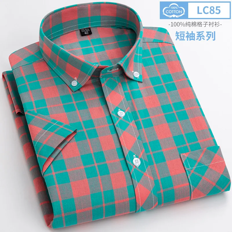 6XL men\'s short-sleeved shirt summer new 100% cotton high-quality thin casual plaid non-ironing fashion large size breathable