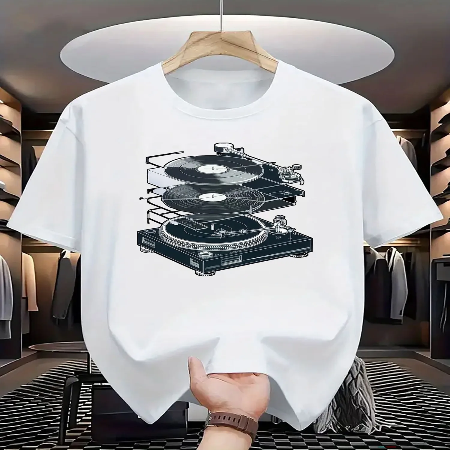 Men's Summer Fashion T-Shirt, Minimalist Music Pattern Print - Casual Round Neck, Soft Polyester, Machine Washable Retro Graphic Shirt, Holiday Tshirt