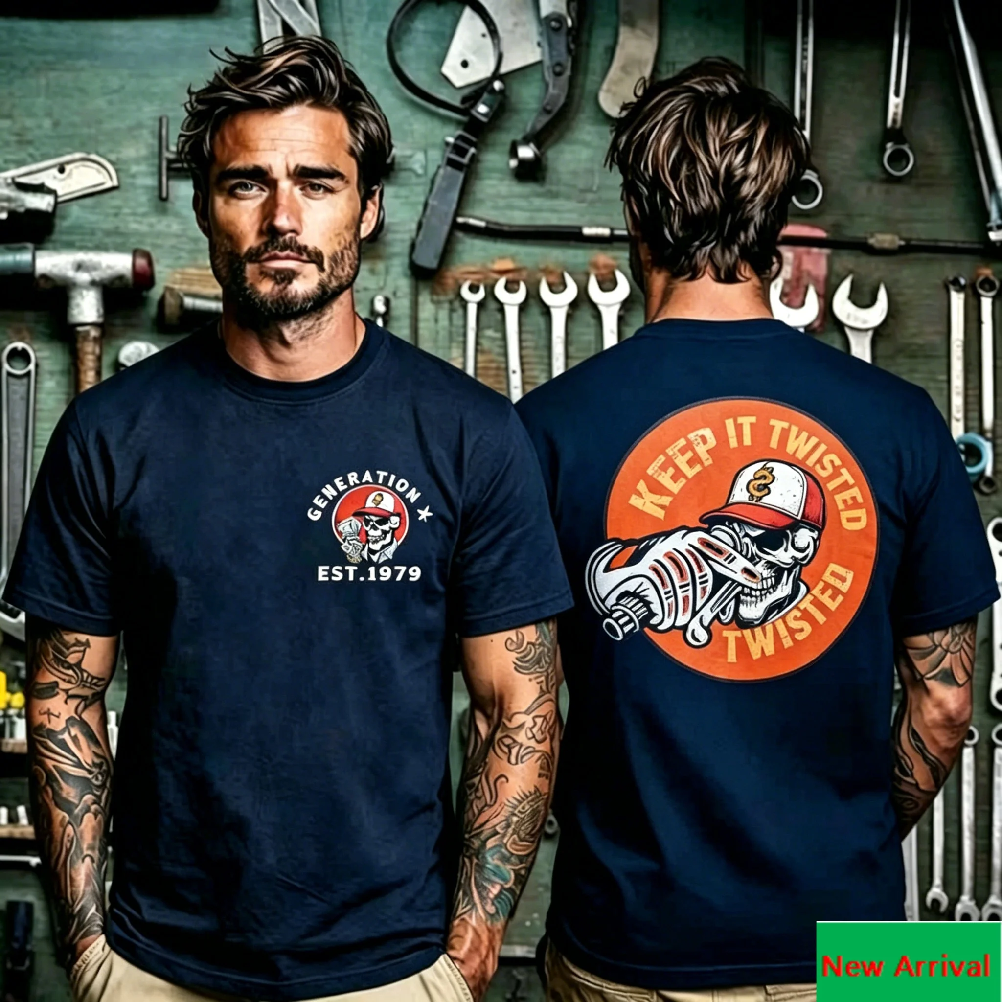 Front Generation X Skull Logo and Back Keep It Twisted Spark Plug Skull Print T Shirt, Retro Moto Design Unisex T Shirt
