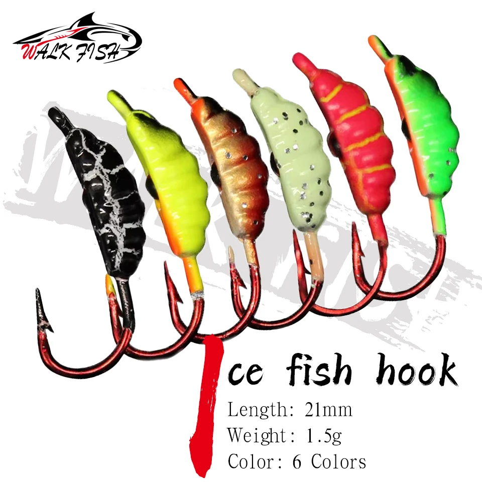 SPAZIERGANG FISCH 6PCS 21mm/1,5g Eis Angeln Locken 6 Farbe Angelhaken Locken Winter Eis mini Metall Blei Kopf Köder Jigging Angelgerät