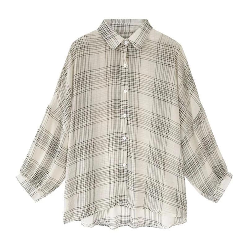 

50LE Vintage Plaid Shirts Women Autumn Long Sleeve Oversize Button Up Shirt Blouses