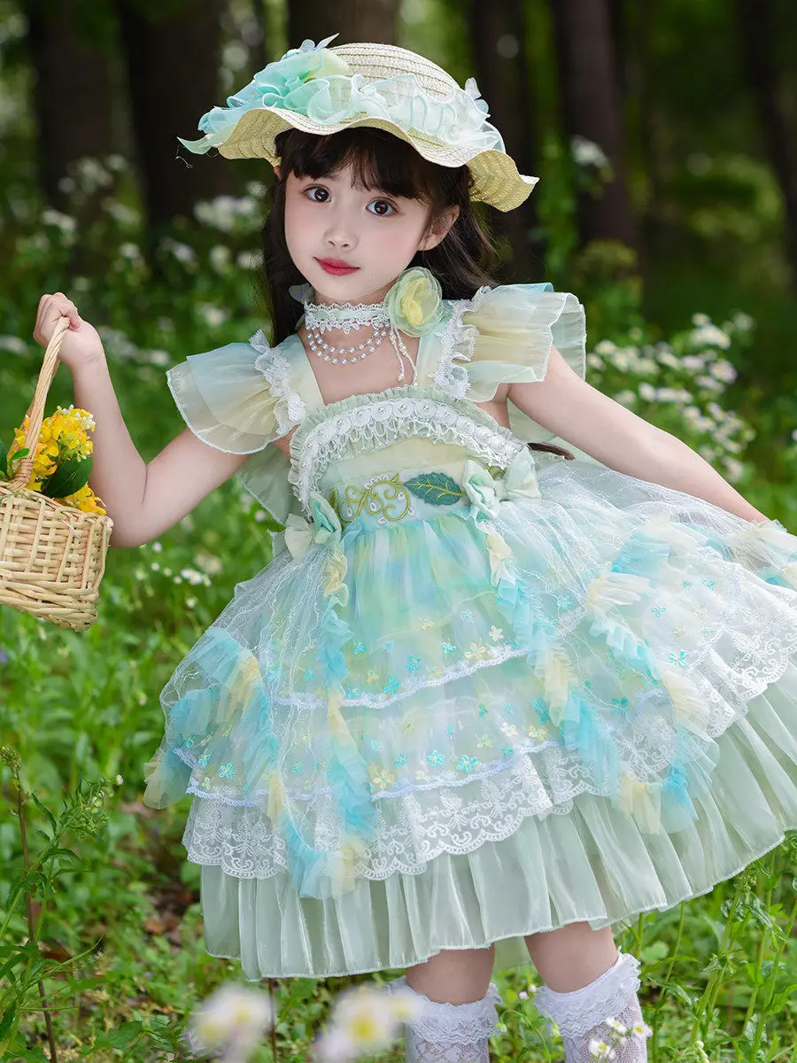 lolita-princess-skirt-children's-spring-day-fairy-dress-gradient-green-puffy-skirt-birthday-costume-dress-soft-cotton-floral