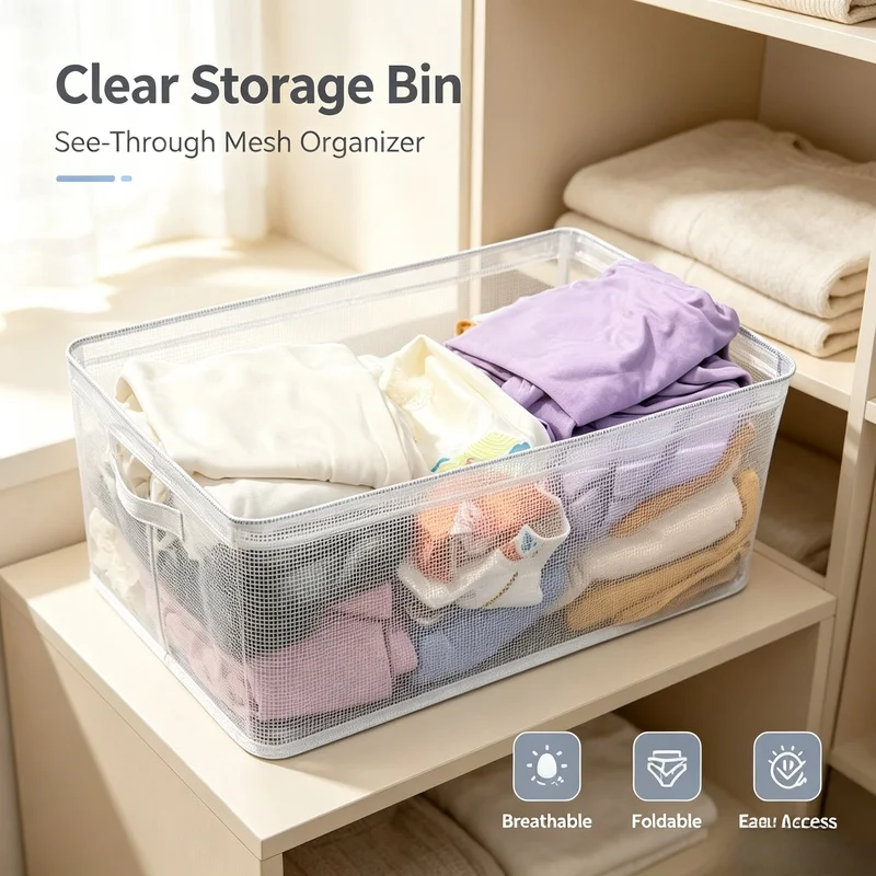 Transparent PVC Foldable Storage Bin with Solid Steel Frame, Waterproof Dust‑Proof Closet Organizer Basket