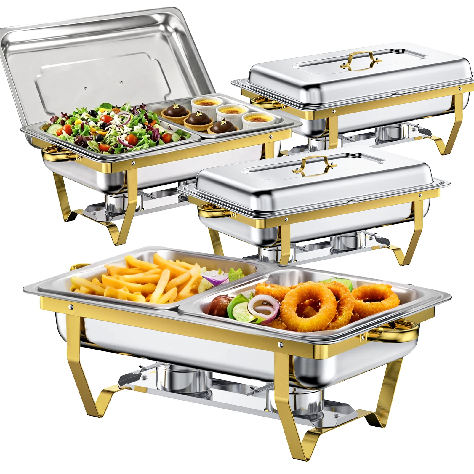 BHB Golden Chafing Dishes for Buffet, 9Qt 2/4/6 Pack Stainless Steel Food Warmers, for Parties, Weddings, Festival, With 1/2 Size Pan
