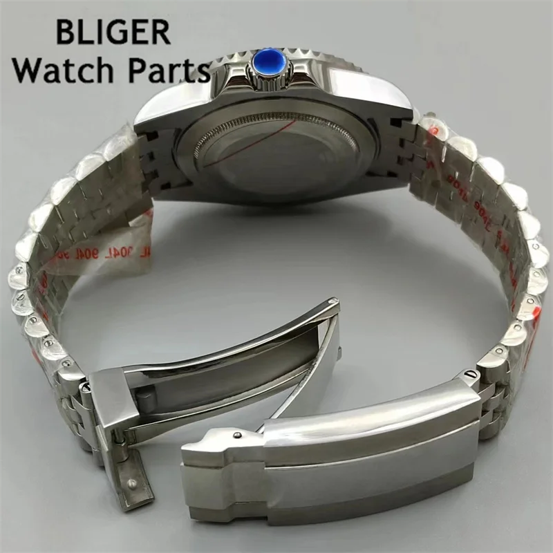 BLIGER 40mm GMT Men Mechanical Wristwatch NH34 Watch Sapphire Glass Ceramic Bezel Letters Black Dial Stainless Steel Bracelet