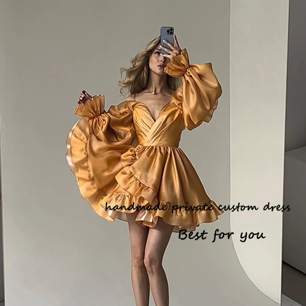 

Orange Silk Satin Short Cocktail Prom Dresses 3/4 Sleeve V Neck Spaghetti Straps Party Dress Mini Women Evening Party Gowns