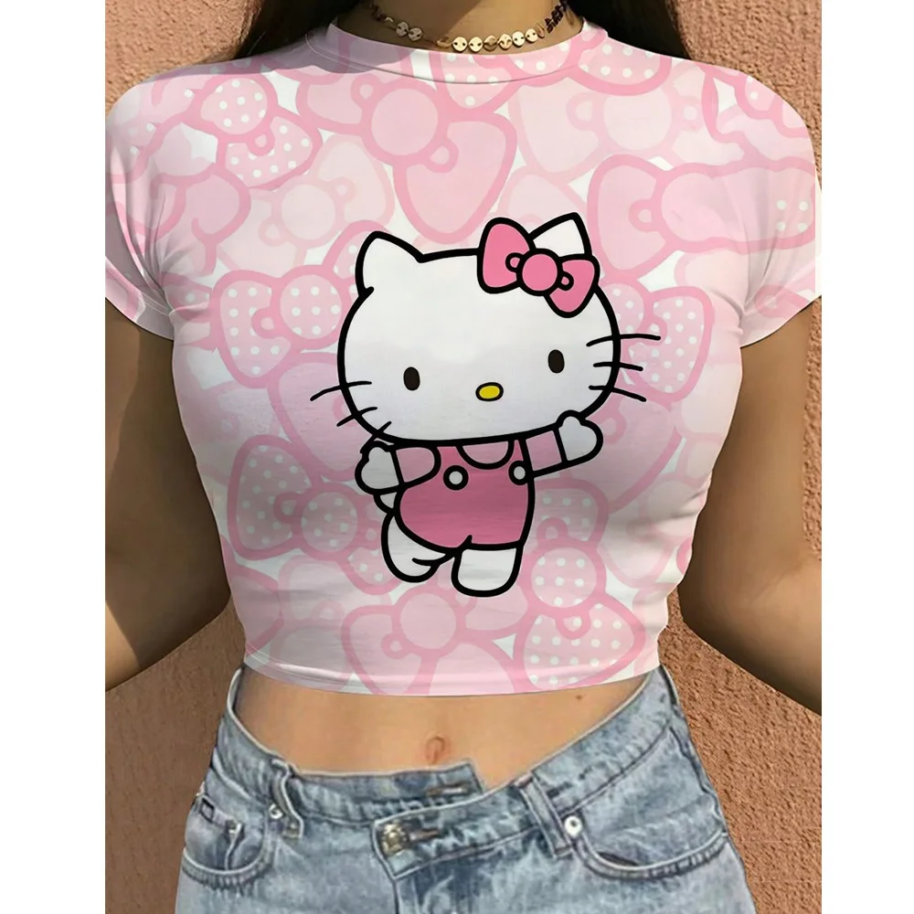 Hello Kitty T-shirt Women\'s Y2k Short Top O-neck Letter Pink Black Street Wear Short Sleeve T-shirt Summer Tight Casual Top