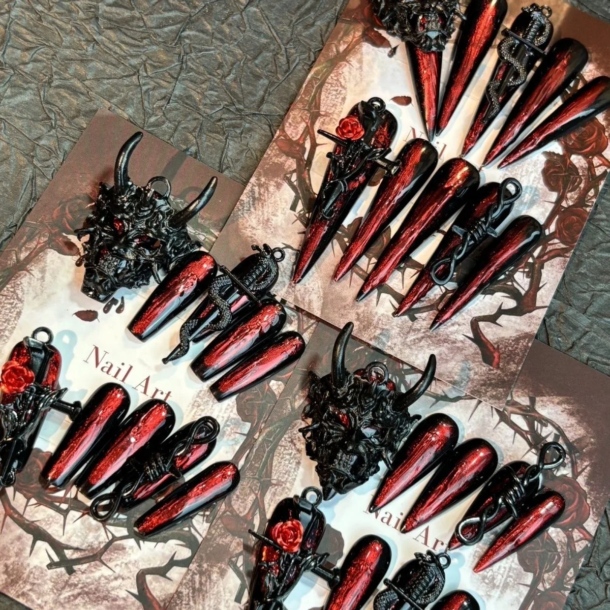 Handmade Beautiful Y2k Press on Nails Goth Style Black and Red Halloween with Design Dragon Cover Long Coffin Acrylic Nail Tips