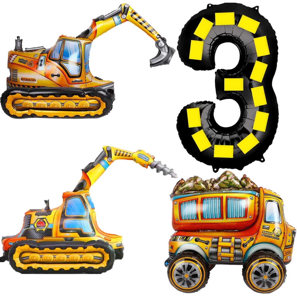 1PC 4D Assembly Engineering Vehicle Truck Excavator 1-9 Number Foil Balloon for Boys Construction Birthday Party Decor Kids Toys