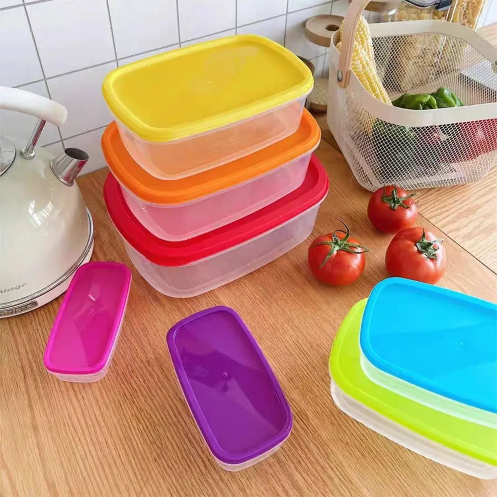 7Pcs Rectangular Food Storage Bowl Plastic Rainbow Freshing Box Food Preservation Rapid-Access Sealed Food Container Household