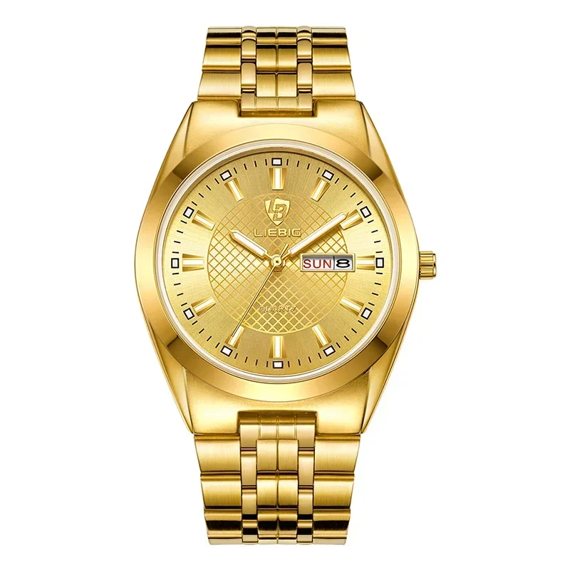 Reloj de pulsera de moda 2025, movimiento de cuarzo, correa de acero inoxidable, fecha de hora, reloj dorado informal para hombre y mujer, reloj Masculino