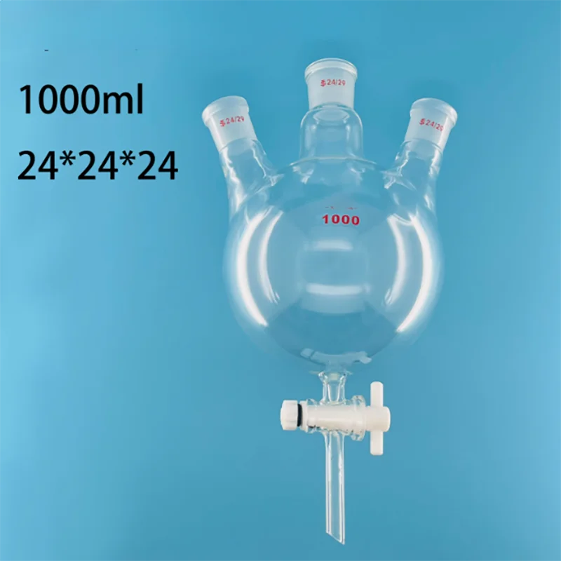 

Glass three-hole spherical fluid separating funnel three-hole round bottom flask with tetrafluoro piston joint door