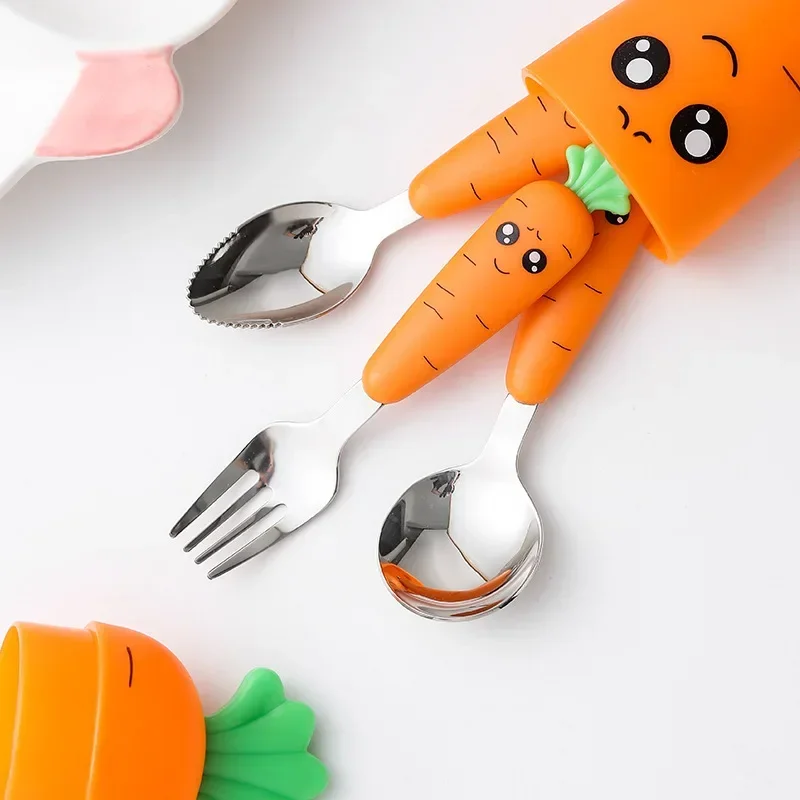 1/3PCS Carrots Set Children Dinnerware Stainless Steel Spoon Fork Flatware with Box Baby Feeding Tool Kitchen Tableware Supplies