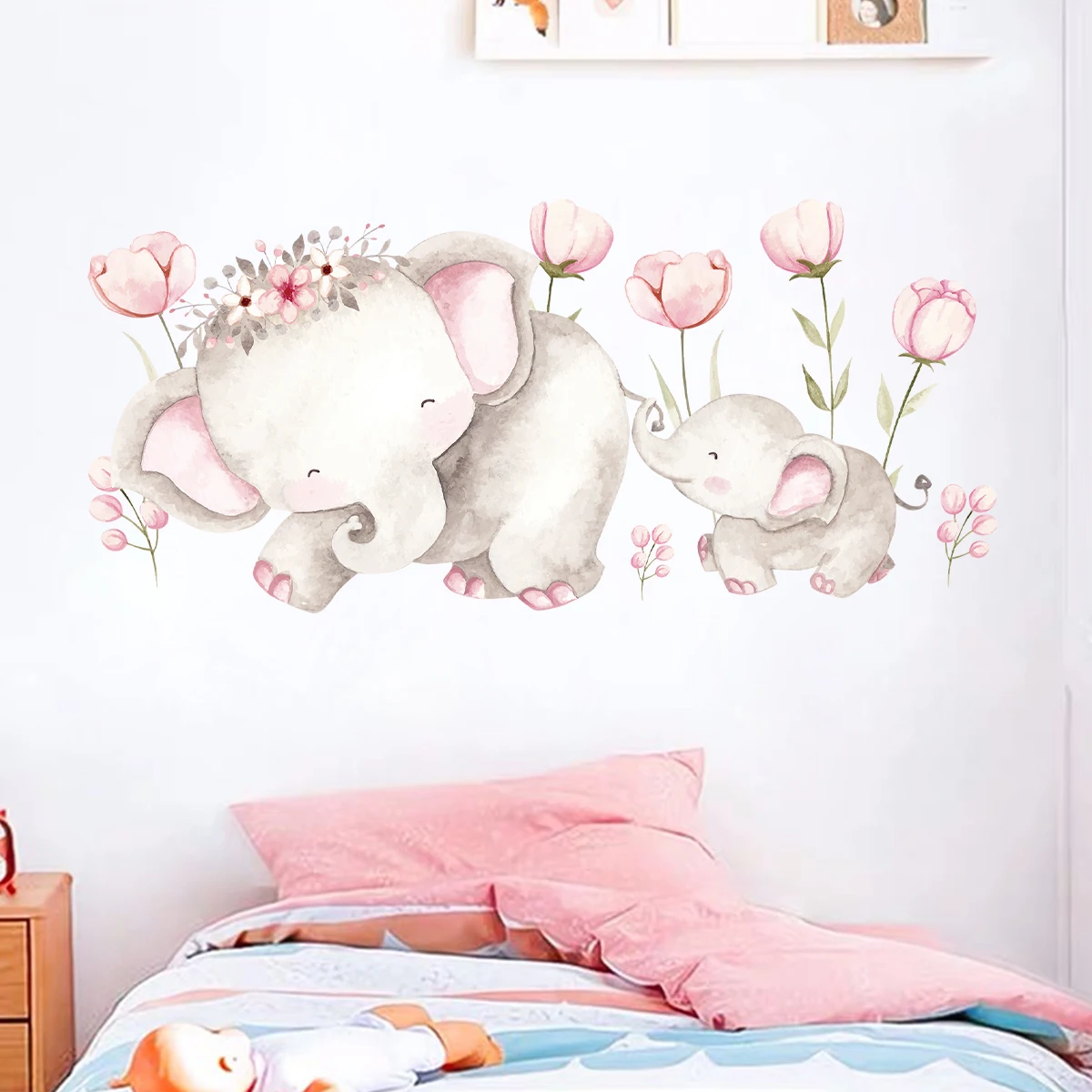 Cartoon Cute Family Elephant Flower Wall Stickers for Kids Room Baby Nursery Home Decor Living Room Children Bedroom Decoration