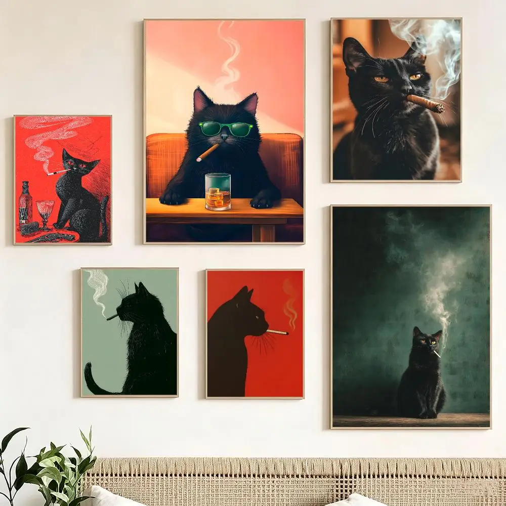 Black Cat Smoking a Cigarette Vintage Poster Pegatina artistica HD autoadhesiva impermeable para salon dormitorio