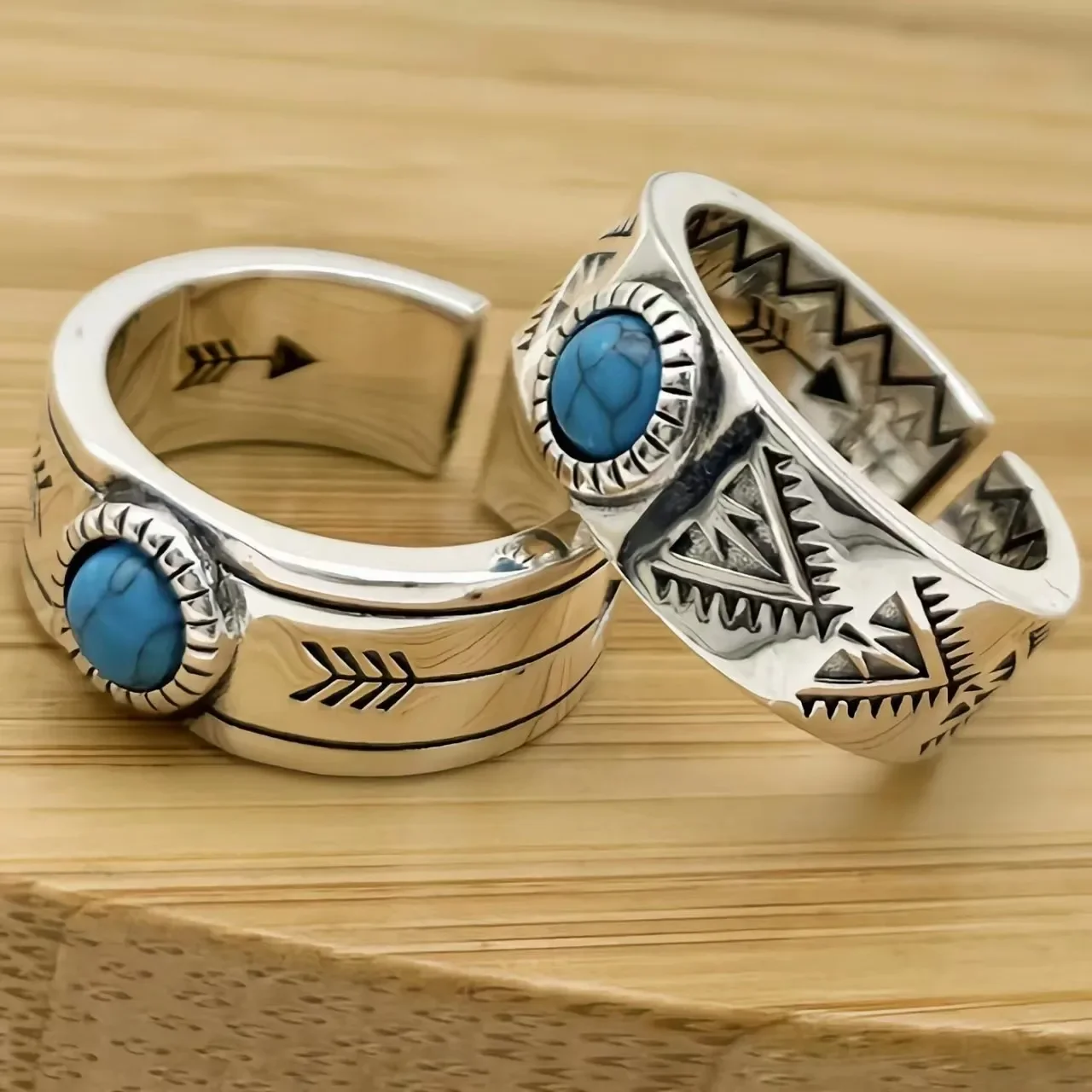 

S925 Sterling Silver Ring for Men's Turquoise Adjustable Retro Ethnic Trend Personalized High Grade Temperament