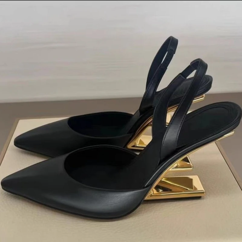 Shaped Heel Pointed Toe Shoes Novelty Design Leather Sandals Summer Black High Heels for Women Metal Heel Fashion Ladies Wedges