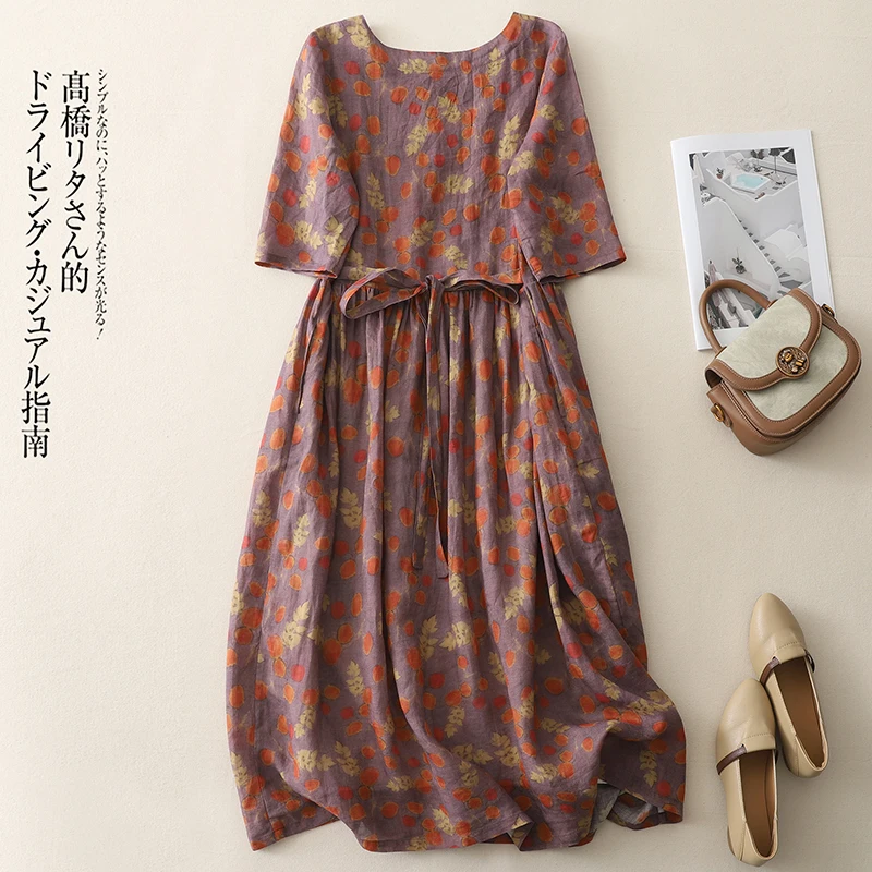 

Women Summer Cotton Linen Loose Long Dress 2025 New Ramie Dress Comfortable Oversized Slim Vacation Print Dress N738