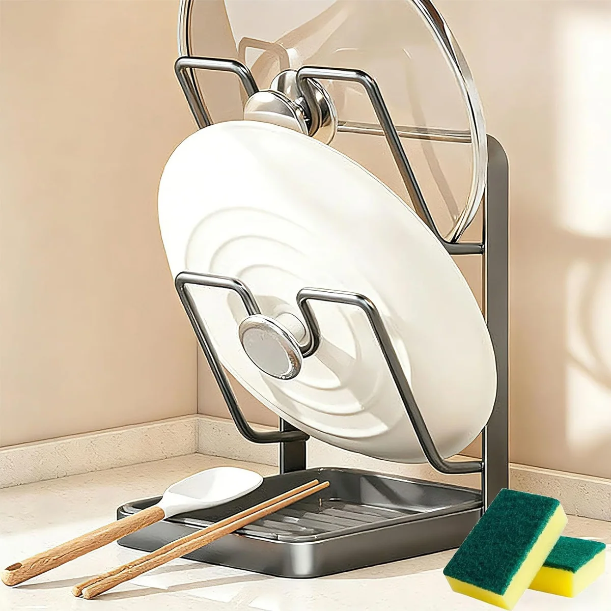Aufbewahrungsregal für Küchentopfdeckel mit Tablett, Deckelhalter beim Kochen, Deckel- und Löffelablage, multifunktionaler Küchenorganisator für Herd