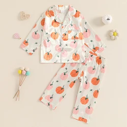 Little Girls Halloween Satin Pajama Set Pumpkin Print Long Sleeve Button Down Tops Elastic Waist Pants Autumn 2 Piece Set