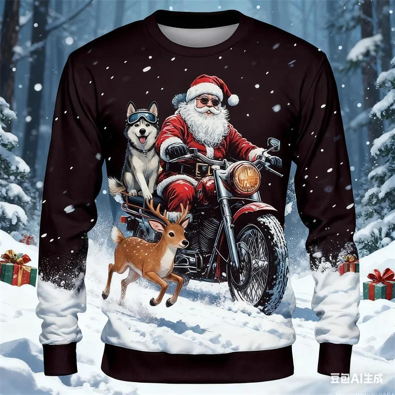 عيد الميلاد الرجال سانتا كلوز دراجة نارية بلوزات طويلة الأكمام طاقم الرقبة بارد الشارع نمط هوديس 3D الطباعة عطلة رياضية #1