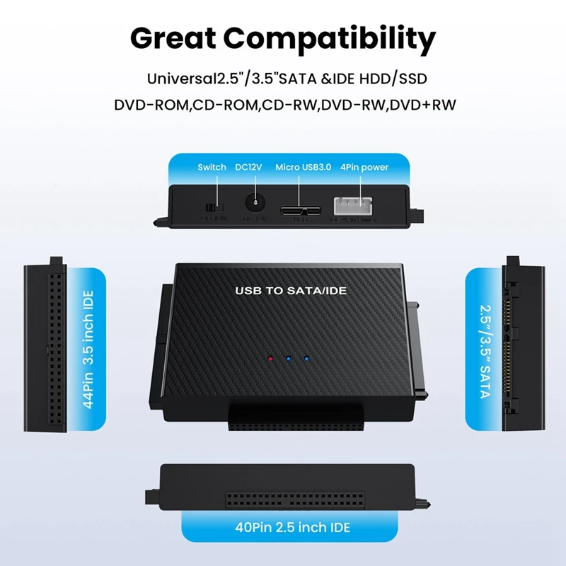 USB3.0 Hard Disk Adapter USB3.0 To SATA IDE Easy Drive Cable 2.5-Inch 3.5 Adapter Cable, Easy Install Durable US-Plug