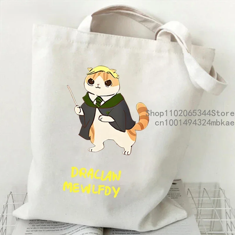 Potter gatos bolsa de lona feminina sacos de ombro harajuku animal gato engraçado sacola reutilizável saco de compras potter gatos bolsas femininas