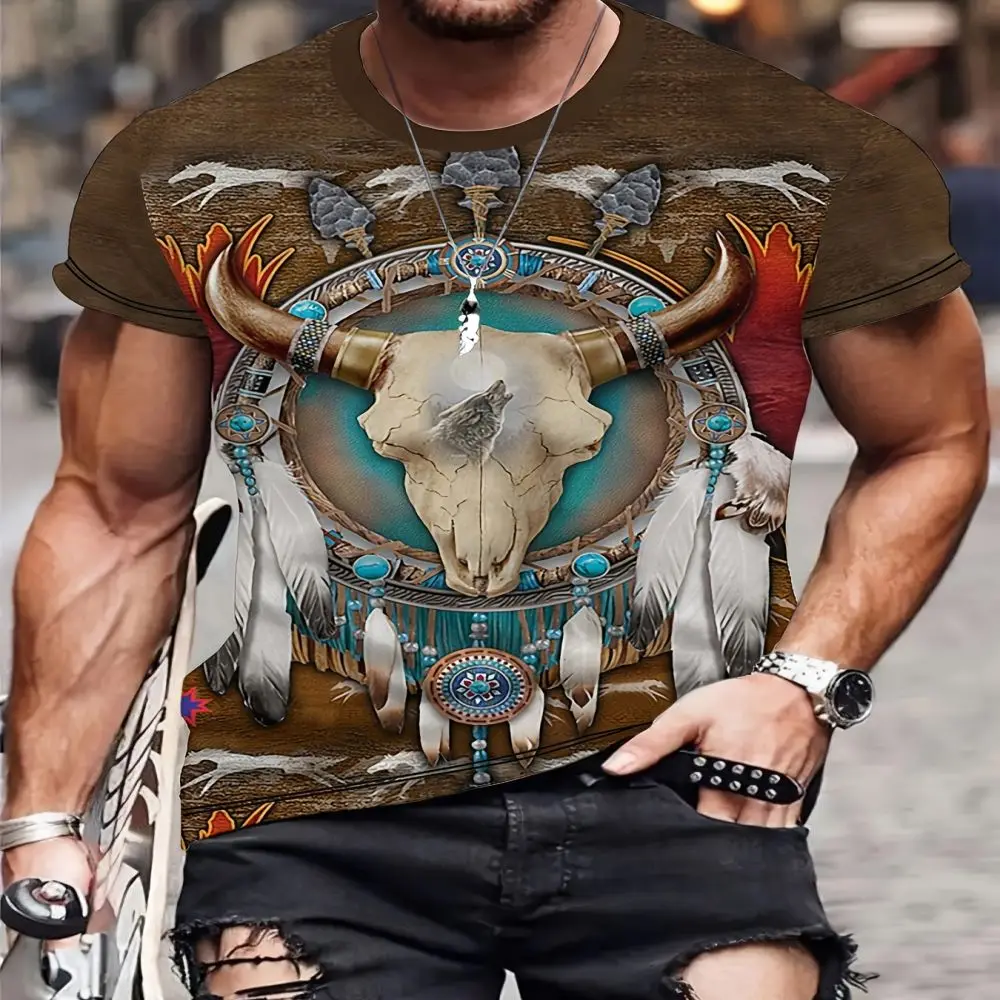 2024 Novel and Fashionable Men\'s New 3D Bull Demon Pattern Printed T-shirt Round Neck Short Sleeve Tops Outdoor Casual Pullover