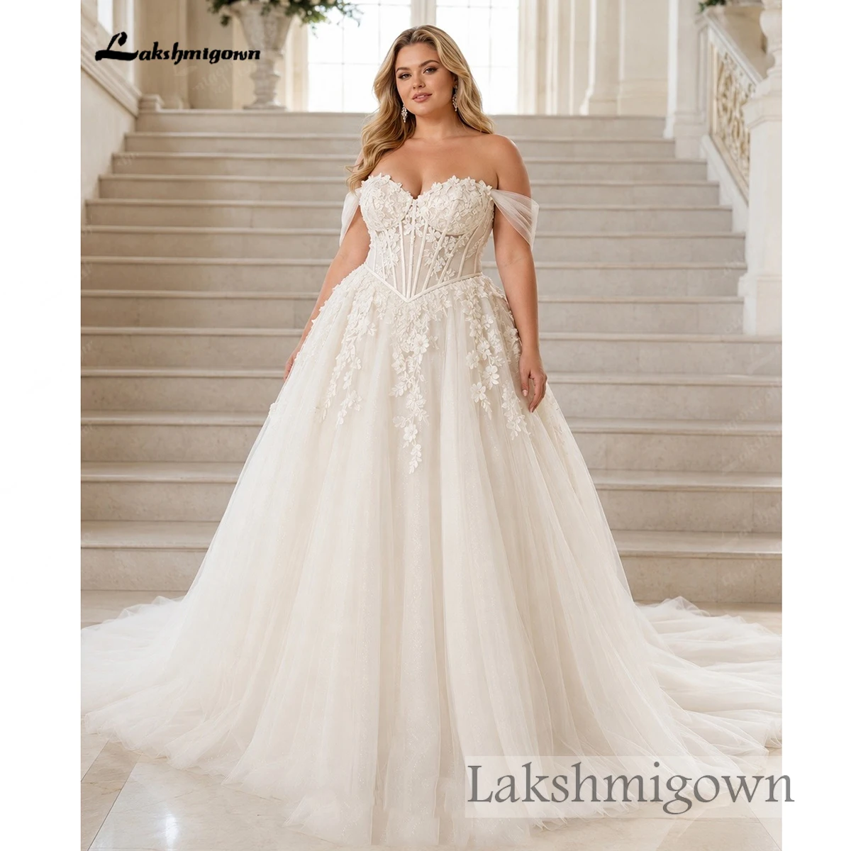Lakshmigown Plus Size Off-Shoulder Hochzeitskleid mit Herzausschnitt, Korsett-Oberteil, 3D-Blumenapplikationen, Tüll-Ballkleid, maßgeschneidert – Detail 5