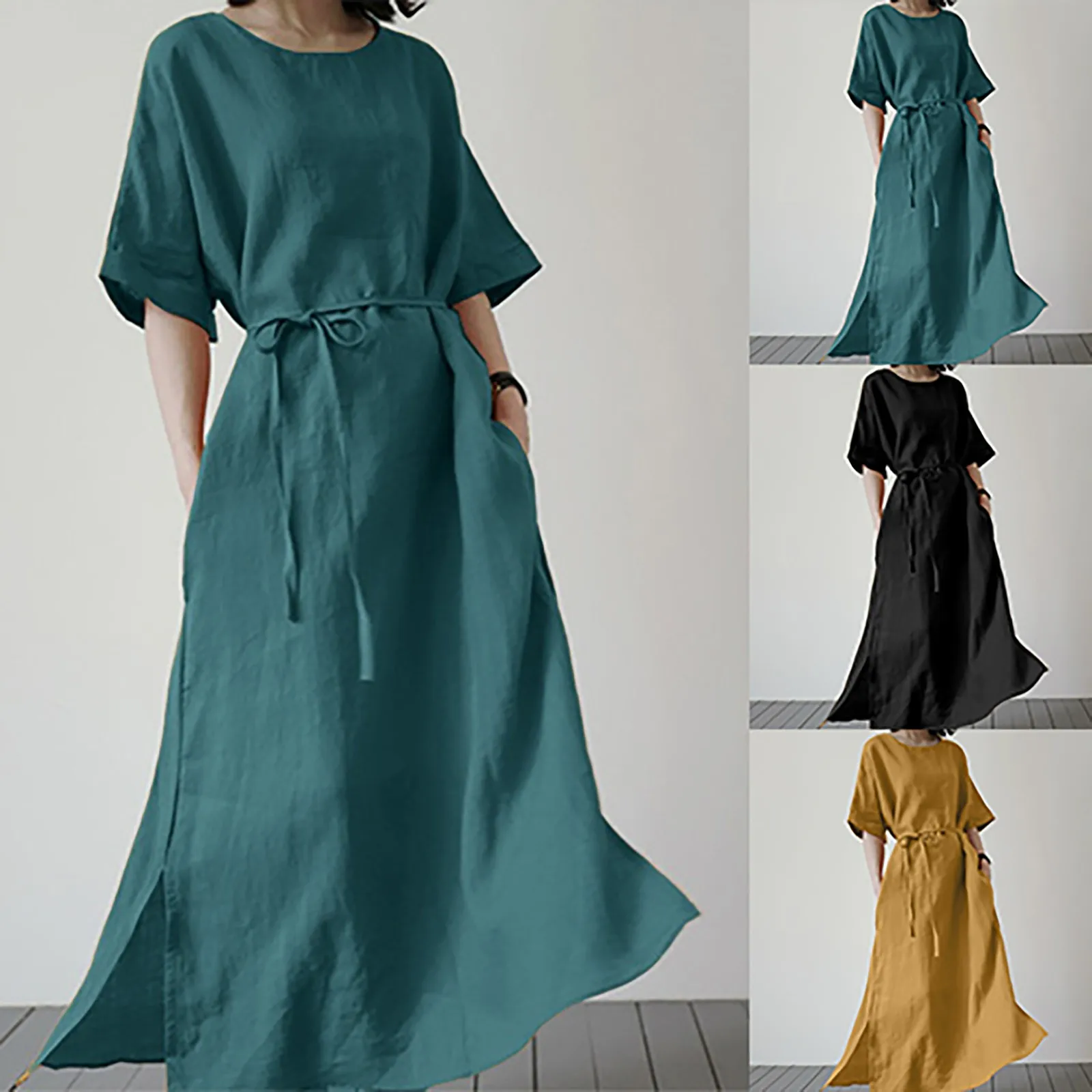 Damen kleid soild langes Kleid Sommer O-Ausschnitt kurz ärmel ige geteilte Saum Kleider Baumwolle Leinen Gürtel Kleid Tasche weibliche Kleider