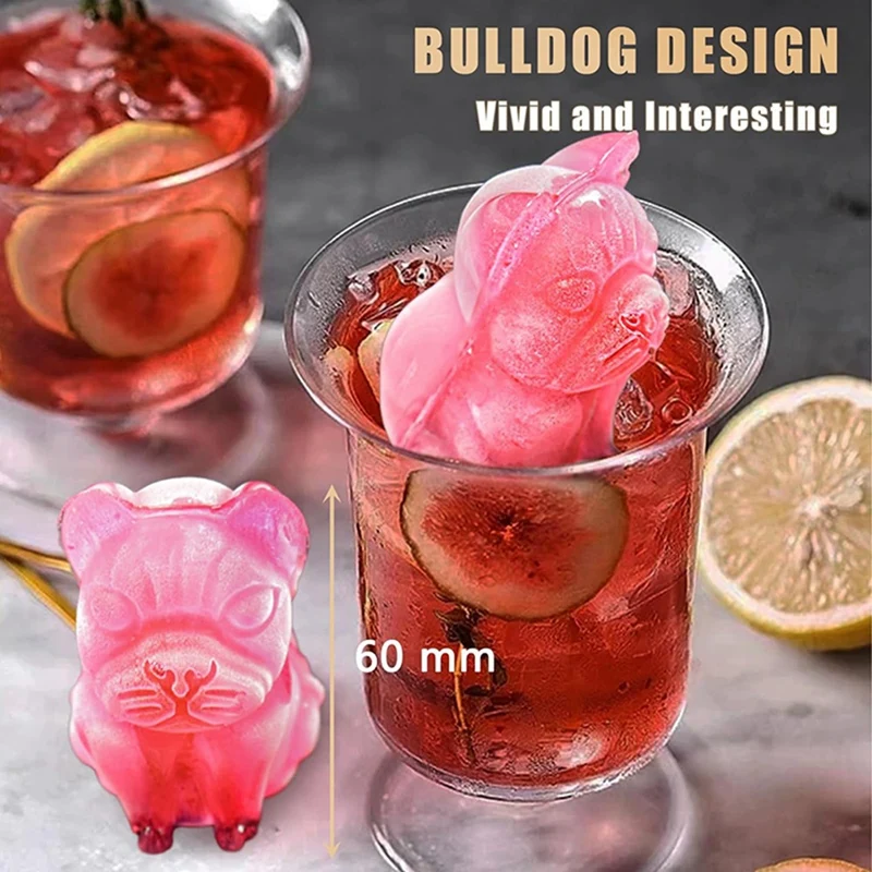 Ice-Cube Tray with Lid - 3D French Bulldog,2 Inch Ice-Cube Molds,4 Hole Shapes Big Silicone Ice-Cube Trays for Whiskey,B