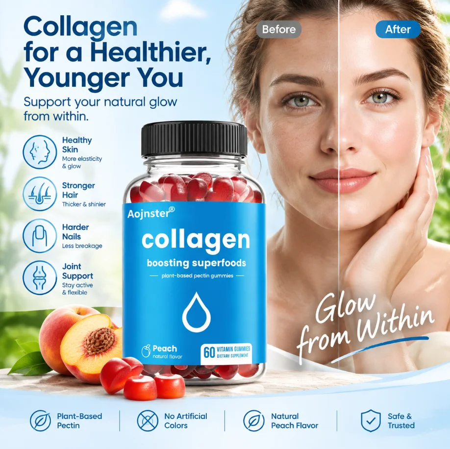 Collagen Gummies for Adults, Peach Flavor,Plant-Based Pectin Formula, Supports Skin Wellness and Daily Beauty Nutrition,60 Count