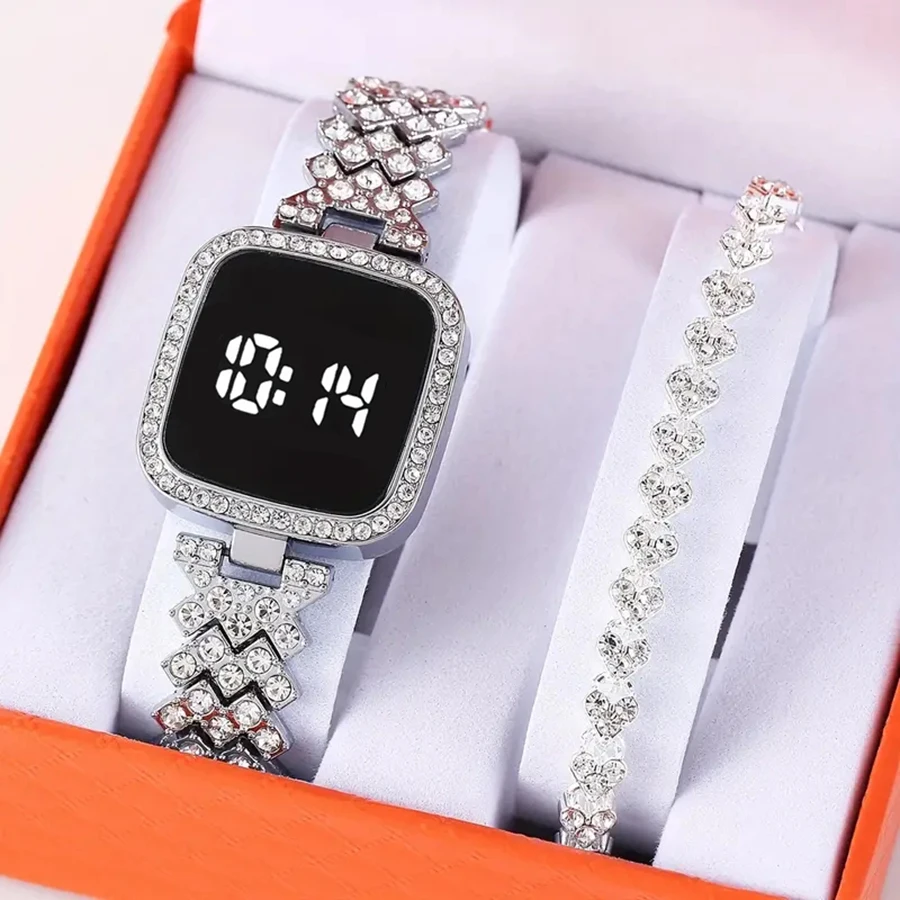 مجموعة الساعات الرقمية النسائية سوار مجاني مربع LED السيدات ووتش سبيكة طالب فتاة اللمس الأزياء الإلكترونية المرأة ووتش