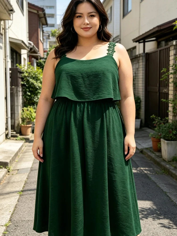 Plus-Size-Midikleid für Damen, Spitze, Spaghettiträger, einfarbig, elastische Taille, A-Linie, locker geschnitten, für den täglichen Gebrauch im Sommer, Urlaub und Strand. – Detail 3