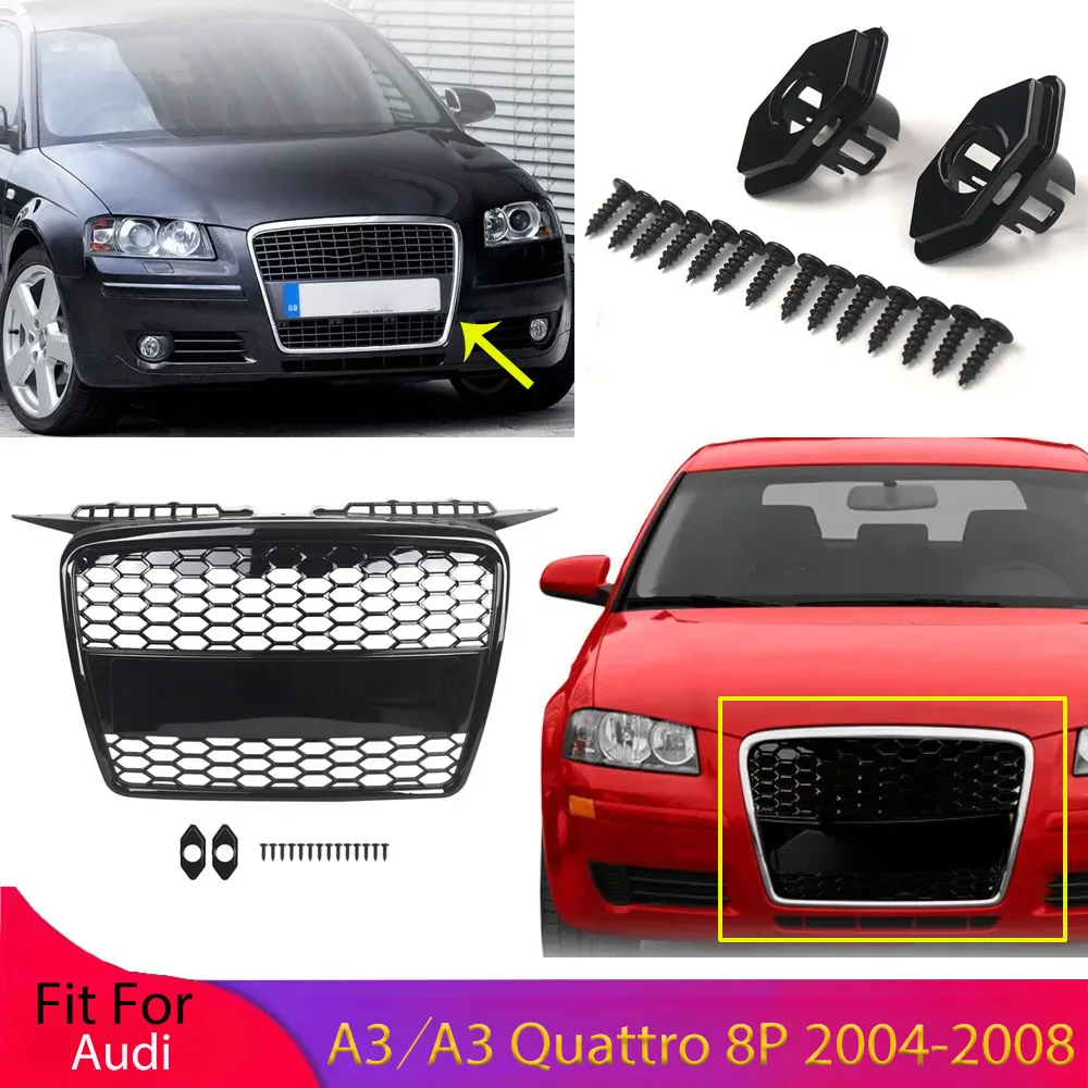 

Front Bumper Center Grille for Audi A3/A3 Quattro 8P 2004-2008 8P4853651A Mesh Honeycomb Racing Grills Body Kits Auto Parts