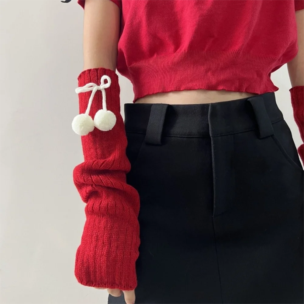 

New Long Arm Warmer Gloves Cute Furry Ball Cold Proof Warm Arm Sleeve Knitted Fingerless Gloves Autumn Winter