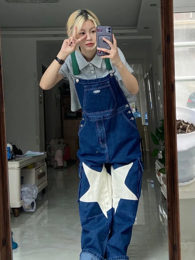 Harajuku Denim Jumpsuits for Women Fashion High Street Wide Leg Blue Jeans Playsuit Vintage Loose Star Printed One Piece Outfit