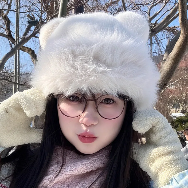 

Arctic Bear Ear Mongolian Hat Genuine Plush Bucket Cap with 3D Ears Extreme Cold Weather Fisherman Hat for Women