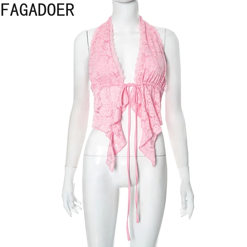 FAGADOER Y2K Sexy Lace Backless Patchwork Tank Top Women Pink Spaghetti Strap Deep V Crop Tops Female Streetwear Clothing New