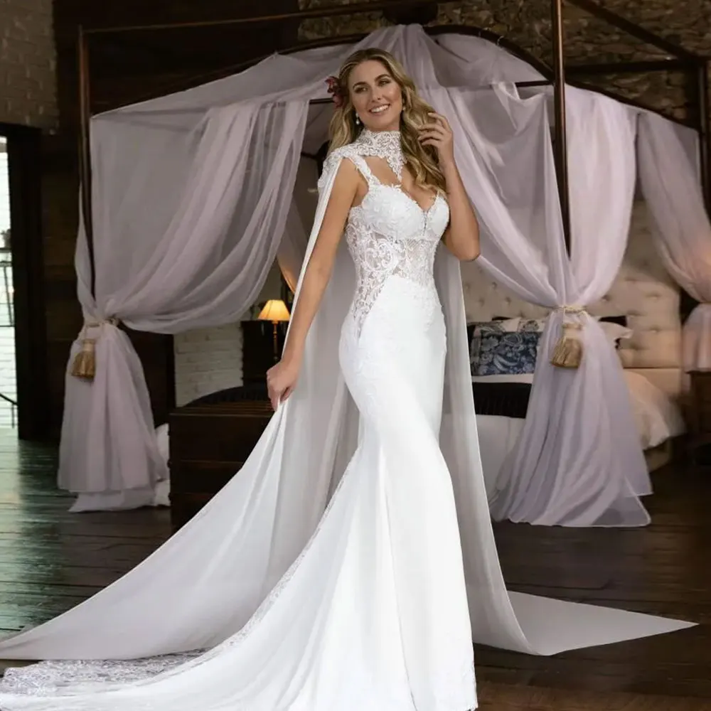 Elegantes vestidos de noiva sereia com envoltórios destacáveis, Lace Applique Backless Dress, Sweep Train Married Dress, Escavar vestidos de noiva