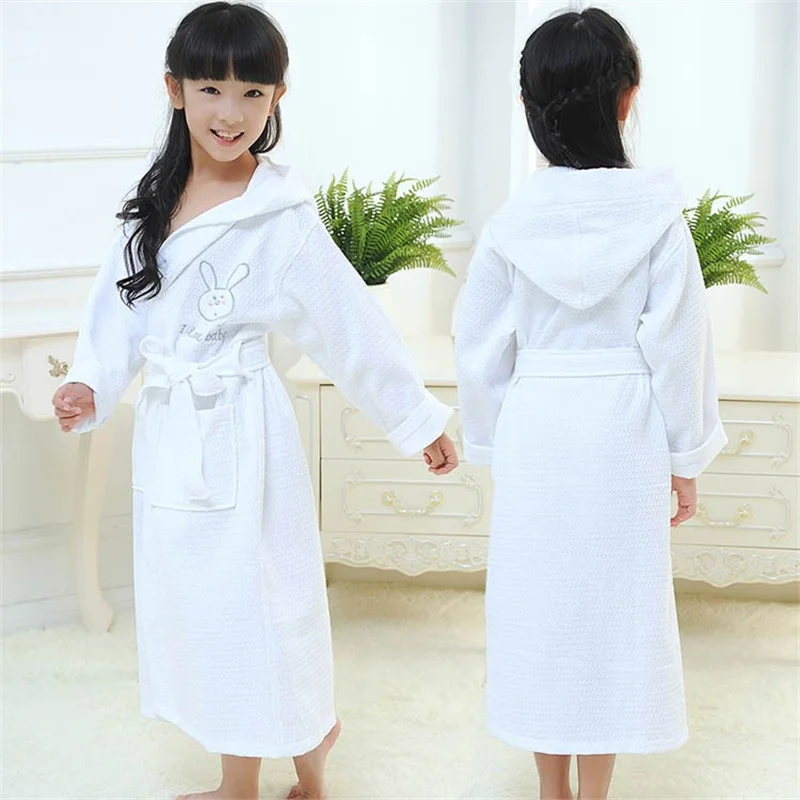 Wholesale Blue Pink White Long Sleeve Waffle Bath Robe Sleepwear Kids Children Hooded Bathrobe Summer Children Bathrobe