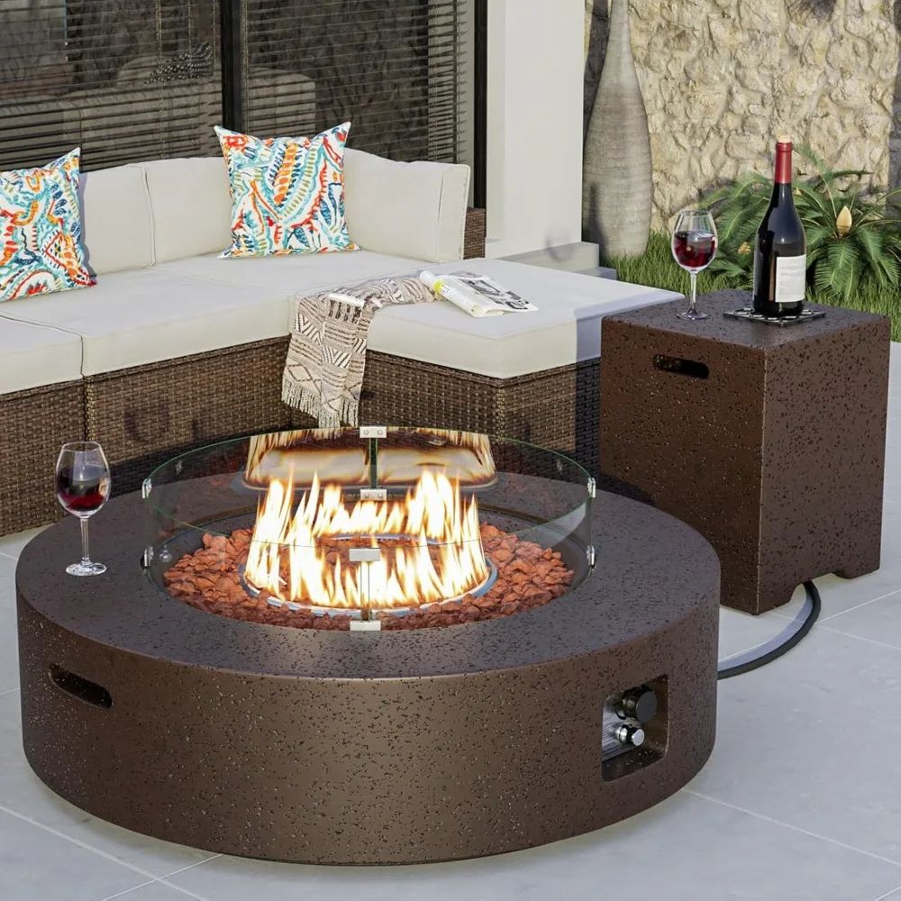 

40.5-inch Outdoor Propane Fire Pit Coffee Table w Concrete Round Base Patio Heater, 50,000 BTU Stainless Steel Burner