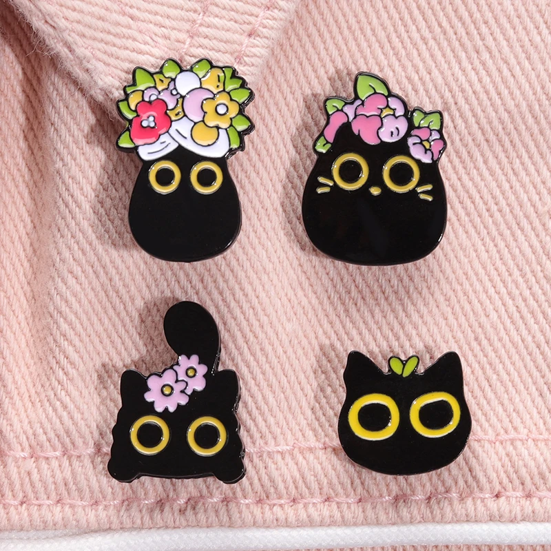 Cute Flower Black Cat Enamel Pins Cartoon Big Eyes Kitten Brooches Animal Lapel Badges Clothes Decoration Jewelry Collect Gifts