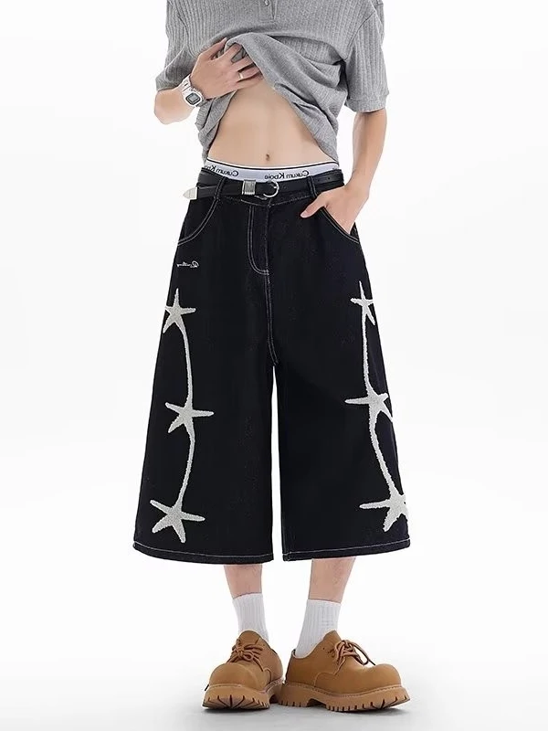 Pantalones Cortos Vaqueros Retro Americanos con Estrellas Bordadas, Unisex, Casuales, de Pierna Ancha, a Media Pierna, para H...