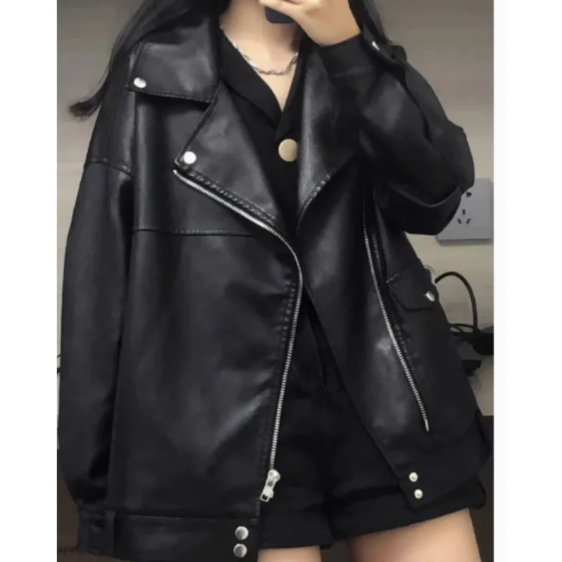 PU 가죽 두꺼운 재킷 여성용 루즈핏 코튼 아메리칸 스타일 레트로 코트 하이스트릿 스타일 긴팔 턴다운 칼라 재킷