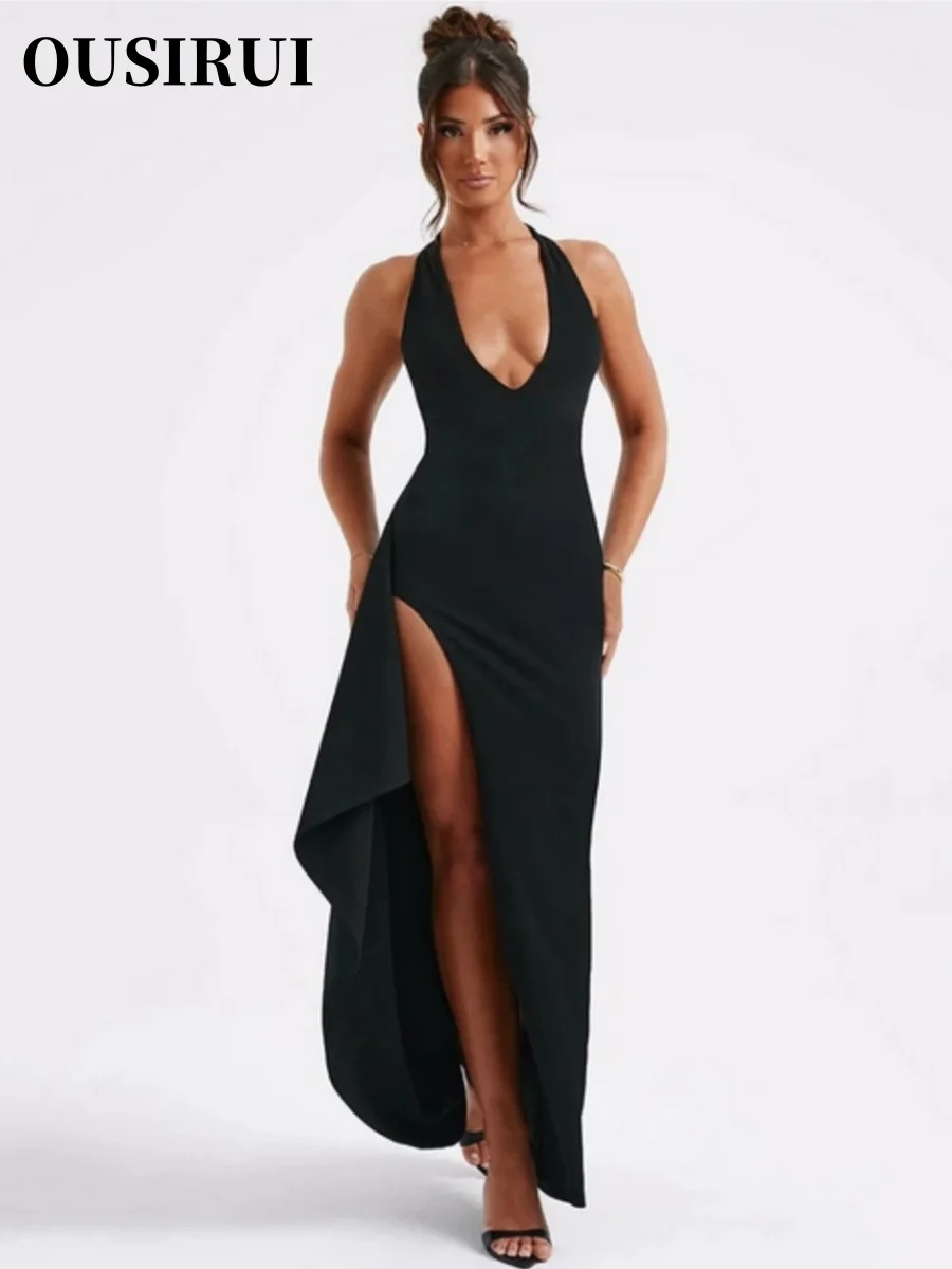 OUSIRUI Halter Sleeveless Backless Bodycon Club Party Sexy Long Dress New Deep V Neck Thigh High Split Maxi Dress Women