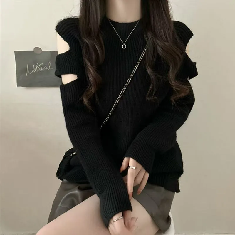 Women Hollow Shoulder Knitted Sweater O-Neck Solid Colors Long Sleeve Knit Pullovers Hollow Out Sweet Girls Pullover Sweaters